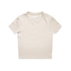 A short-sleeved, light beige t-shirt with a round neckline and a logo on the label.