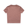 A short-sleeved, dusty pink t-shirt with a simple design and a logo on the back.