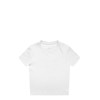A white mini t-shirt with a crew neck and short sleeves, featuring a logo on the inside label.