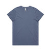 A faded blue T-shirt featuring a round neckline and short sleeves. It has a branding logo.