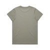 A faded green T-shirt with a soft texture and no visible design features a logo on the back.