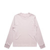 A long-sleeve t-shirt in light pink with a simple design and a branding logo.
