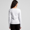 A white long-sleeve tee with a relaxed fit, featuring a simple design and a logo on the back.
