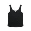 A black soft singlet with a scoop neckline. The design features a fitted style and includes a logo.