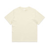 A plain cream-coloured T-shirt with short sleeves and a crew neck. It features a logo on the inside label.
