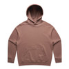 A brown hoodie with a front pocket and a hood, featuring a logo on the front.