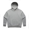 A light grey hoodie with a front pocket and a drawstring hood, featuring a logo.