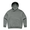 A grey hoodie with a front pocket and an attached hood, featuring a logo on the garment.