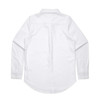 A white button-up shirt with long sleeves and a rear yoke design, featuring logo branding.