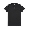 A black polo shirt featuring a classic collar and a logo. It has short sleeves and a button-up front.