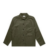 An olive green chore jacket featuring a collar, front buttons, and multiple pockets. It has a logo on the label.