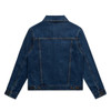 A dark blue denim jacket with a fitted design and button closures at the cuffs, featuring a logo on the back.