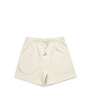 A pair of cream-coloured sports shorts with an elastic waistband and drawstring, featuring a logo.