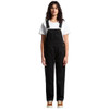 Black canvas overalls worn over a white t-shirt, featuring adjustable straps and pockets.