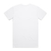A plain white T-shirt with a standard crew neck and short sleeves, featuring a logo on the front.