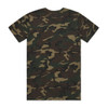 A camouflage-patterned T-shirt in various shades of green and brown. It features a logo on the back.