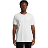 A plain white organic T-shirt with a standard crew neck design, featuring a branding logo.