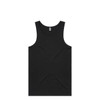 A black singlet featuring a simple design and a logo, made from lightweight material.