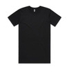 A black T-shirt with a round neckline and short sleeves, featuring a logo on the inside label.