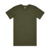 An olive green T-shirt with short sleeves and a crew neckline. It has a blank design and features a logo.
