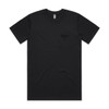 A black T-shirt featuring a single chest pocket and a logo on the collar.
