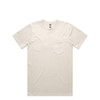A beige classic pocket tee with a small pocket on the left chest and a logo on the label.