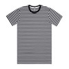 A striped T-shirt featuring black and white horizontal stripes with a black crew neck. It has a logo on the label.