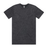 A dark grey stone wash t-shirt with a classic round neck and short sleeves, featuring a logo on the label.