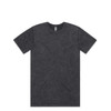 A dark stone wash t-shirt with short sleeves and a round neckline, featuring a logo.