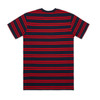 A navy blue t-shirt with red horizontal stripes and a logo on the back.