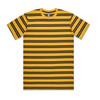 A yellow t-shirt with horizontal black stripes and a logo. The shirt has a classic crew neck and short sleeves.