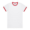A white T-shirt with red trim around the collar and sleeves. The shirt features a label and branding.