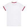 A white T-shirt with red trim around the collar and sleeves, featuring a logo on the back.
