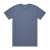 A faded blue T-shirt with short sleeves and a crew neck, featuring a logo at the neck.