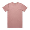 A faded pink t-shirt with short sleeves and a modest crew neck. It features a branding label.