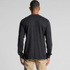 A black long-sleeve T-shirt with a plain back, featuring fitted cuffs and a logo.