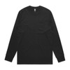 A black long-sleeve T-shirt featuring a pocket and a logo on the neck. Simple and classic design.