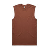A brown sleeveless tank top with a plain design and a logo at the neckline.