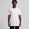 A plain white T-shirt with short sleeves, featuring a relaxed fit and a logo on the front.