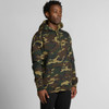 A camo-patterned hoodie in shades of green and brown, featuring a front pocket and a drawstring hood.