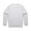 A grey sweater with long sleeves and a crew neck, featuring a logo on the back.