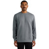 A grey hoodie featuring a round neck and long sleeves, worn by a man with a moustache. The product has a logo.