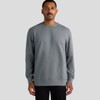 A grey hoodie is displayed, featuring a simple design and a round neckline. It has a logo on the front.