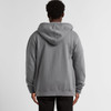 A grey zip-up hooded jumper seen from the back, featuring a large hood and a relaxed fit.