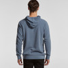 A blue hoodie with a hood and long sleeves, featuring a logo on the back.