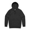 A black hoodie featuring a kangaroo pocket and a hood, with a logo on the front.