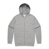 A grey zip-up hoodie featuring a hood and long sleeves, with a small logo on the chest.