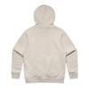 A beige hoodie with a hood, featuring a logo on the back and a relaxed fit.