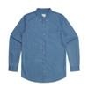 A blue denim button-up shirt with a single chest pocket and long sleeves. It features a logo on the label.