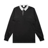 A black rugby jersey with a white collar and long sleeves, featuring a small front placket and a logo.